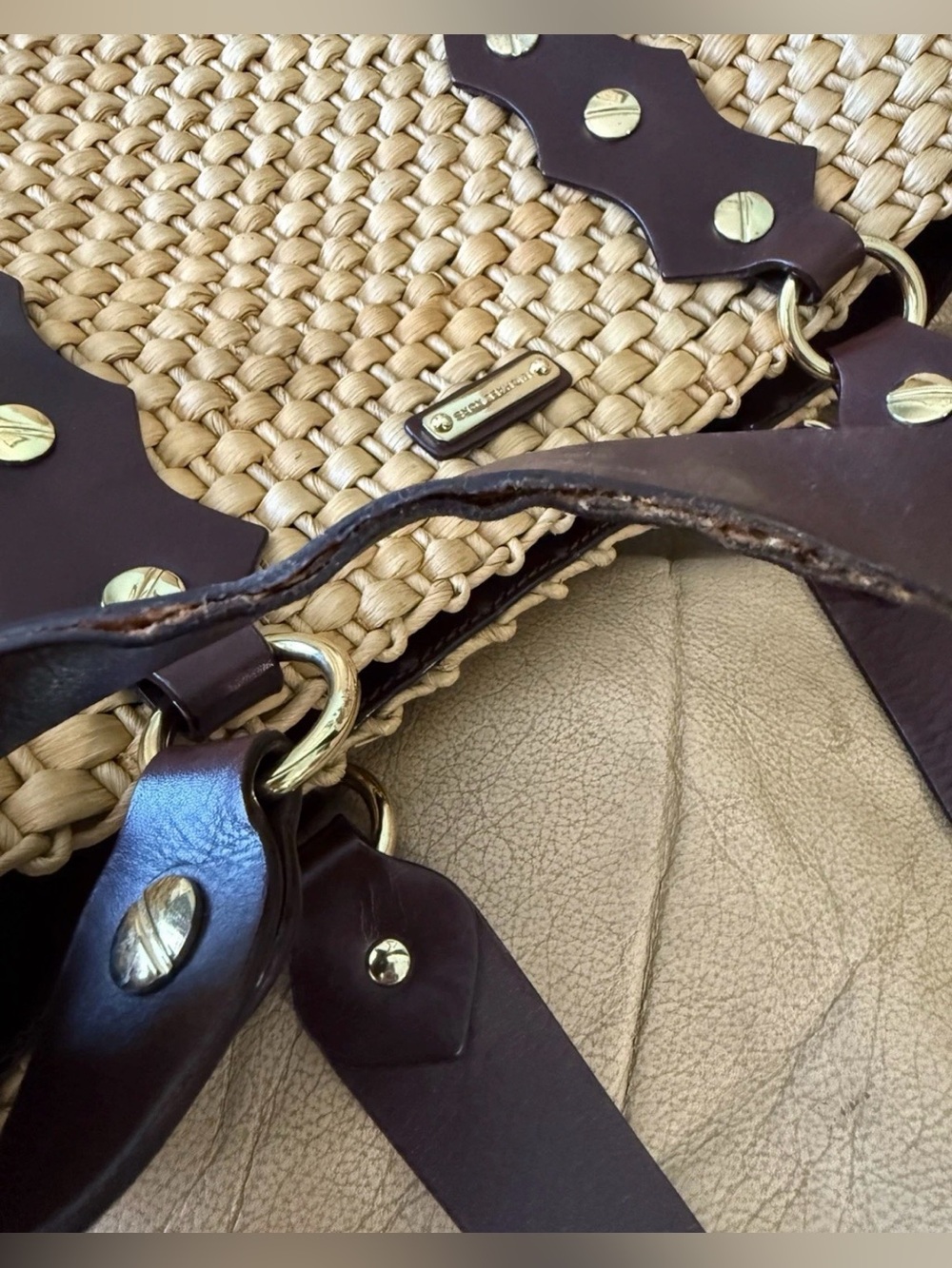 MICHAEL Kors Santorini Raffia Straw Tote Handbag Brown Leather Accents - Picture 8 of 16